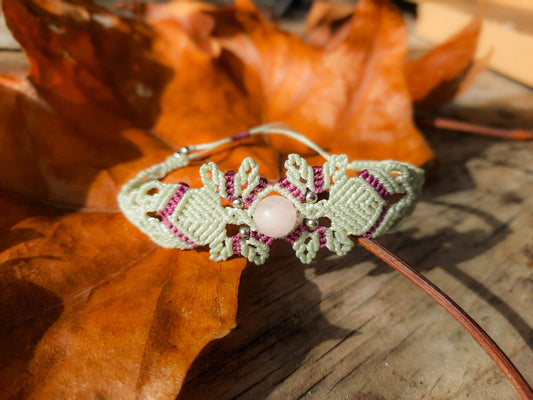 Bracelet vert lichen et pierre en quartz rose