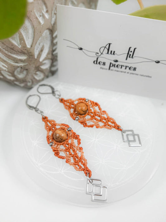 boucle d'oreilles orange et pierre en jaspe paysage