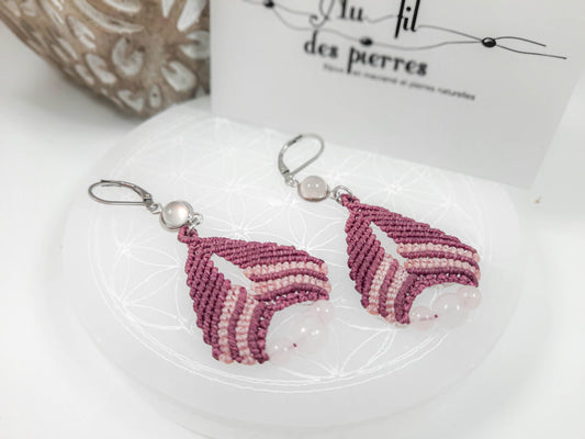 boucle d'oreilles violet et pierre en quartz rose