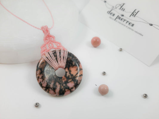 Collier donut rose  et pierre en rhodonite