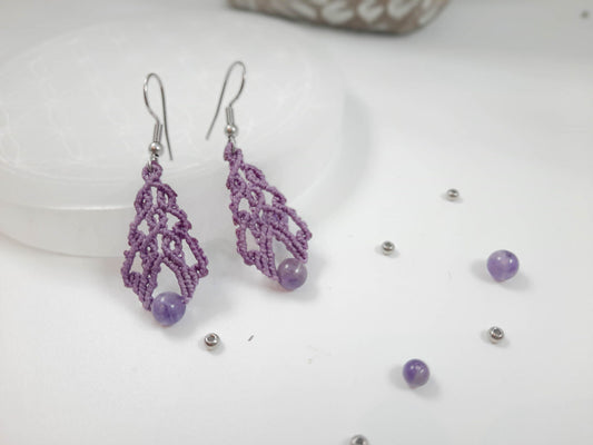 boucle d'oreilles violet et pierre en améthyste